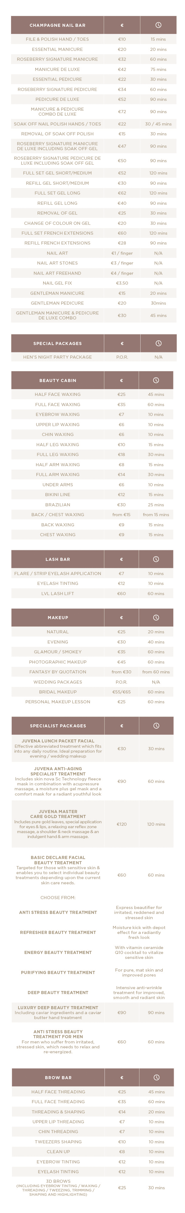 Roseberry Pricelist